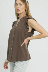 Umgee Linen Ruffle Sleeve Button-Down Shirt OutfitFlow